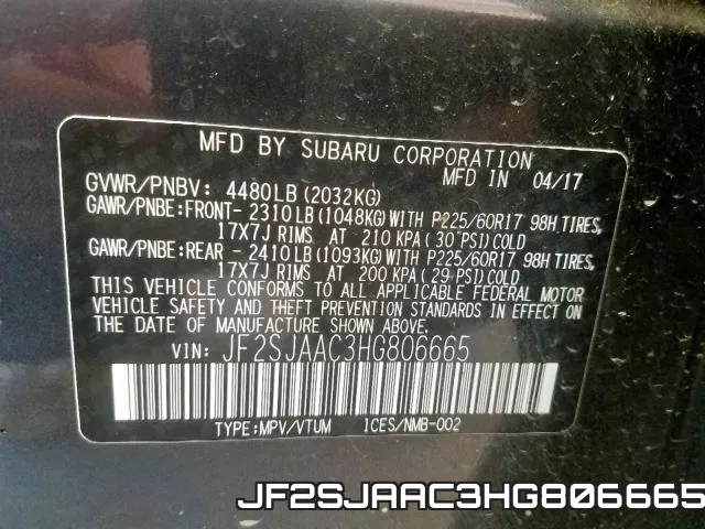 JF2SJAAC3HG806665 фото 2