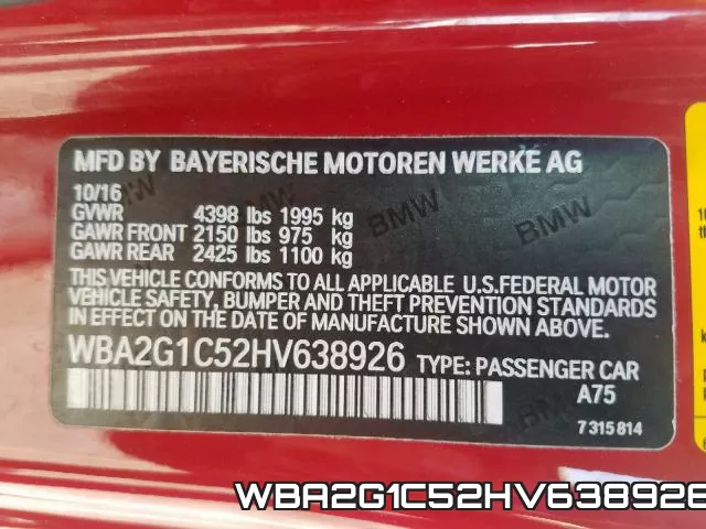 WBA2G1C52HV638926 фото 2