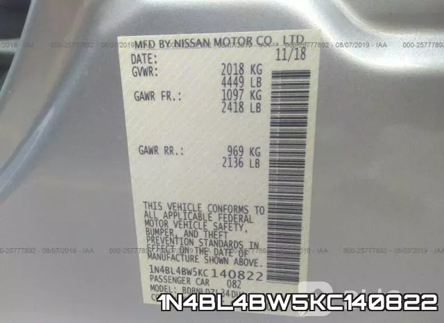 1N4BL4BW5KC140822 фото 10