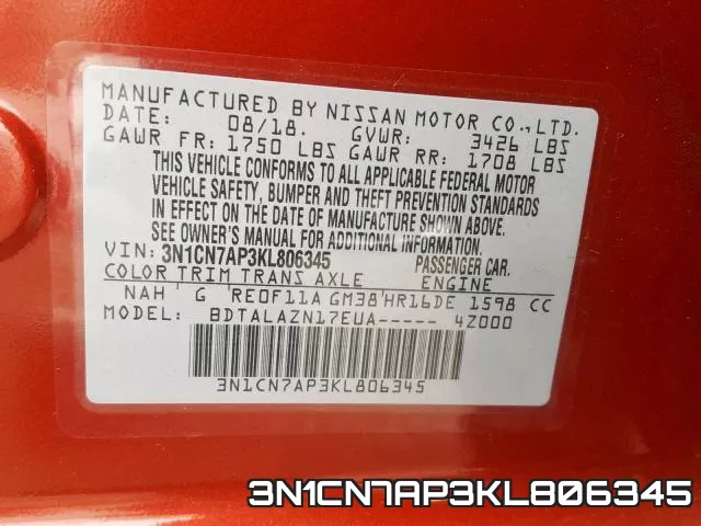 3N1CN7AP3KL806345 фото 2