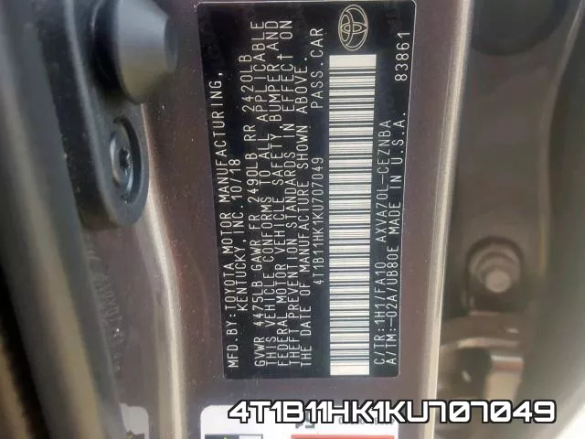 4T1B11HK1KU707049 фото 2