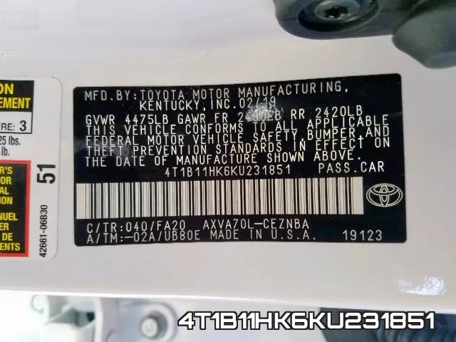4T1B11HK6KU231851 фото 2