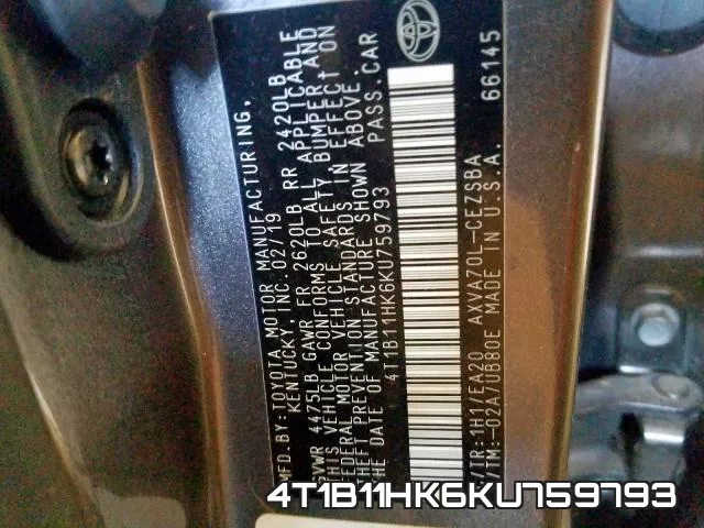 4T1B11HK6KU759793 фото 2