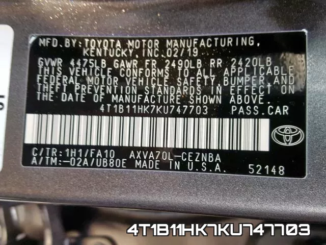 4T1B11HK7KU747703 фото 2