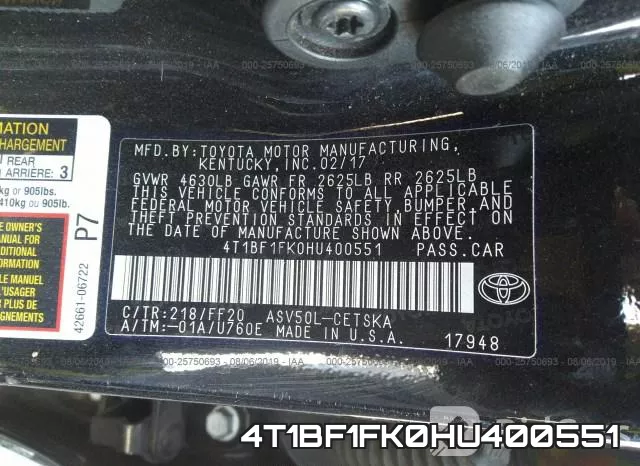 4T1BF1FK0HU400551 фото 10