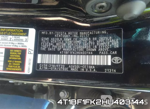 4T1BF1FK2HU403144 фото 10