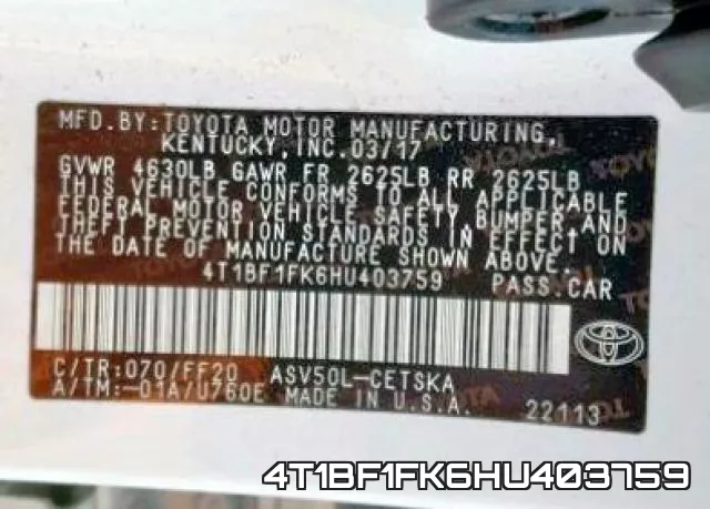 4T1BF1FK6HU403759 фото 2