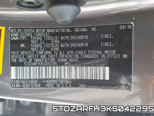 5TDZARFH3KS042295 фото 2