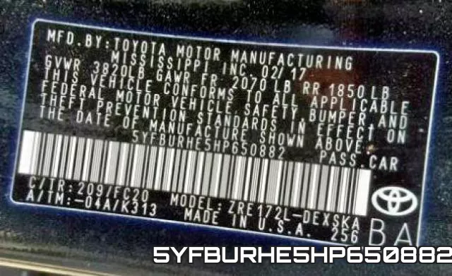 5YFBURHE5HP650882 фото 2