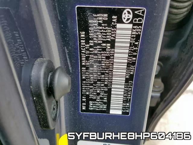 5YFBURHE8HP604186 фото 2