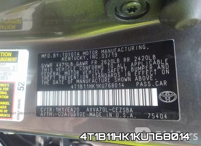 4T1B11HK1KU768014 фото 10