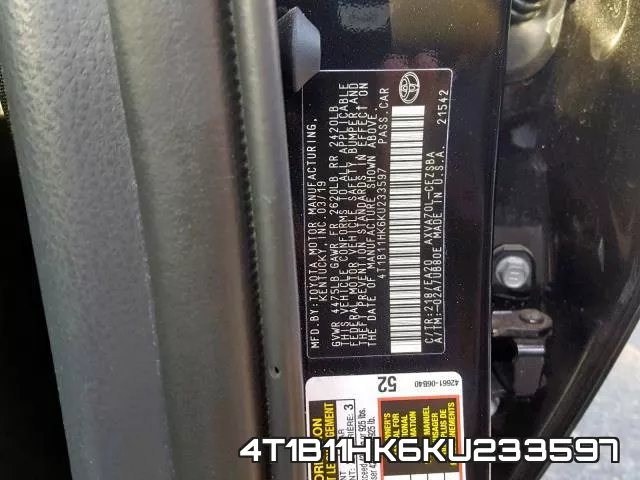 4T1B11HK6KU233597 фото 2