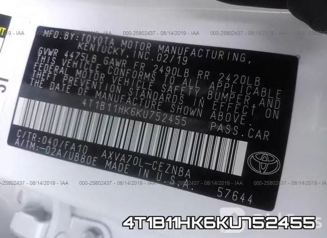 4T1B11HK6KU752455 фото 10
