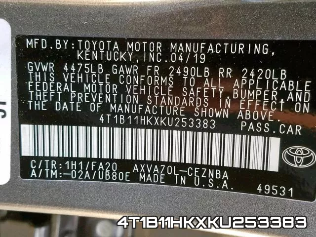 4T1B11HKXKU253383 фото 2