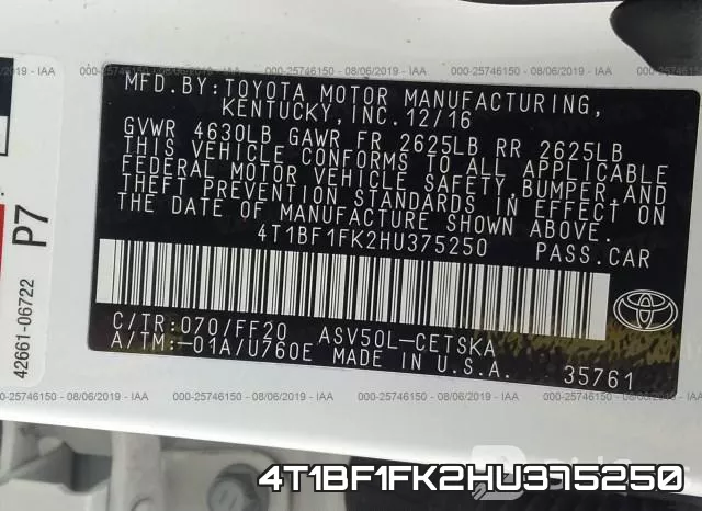 4T1BF1FK2HU375250 фото 10