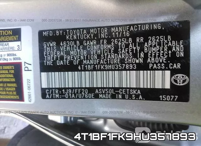 4T1BF1FK9HU357893 фото 10