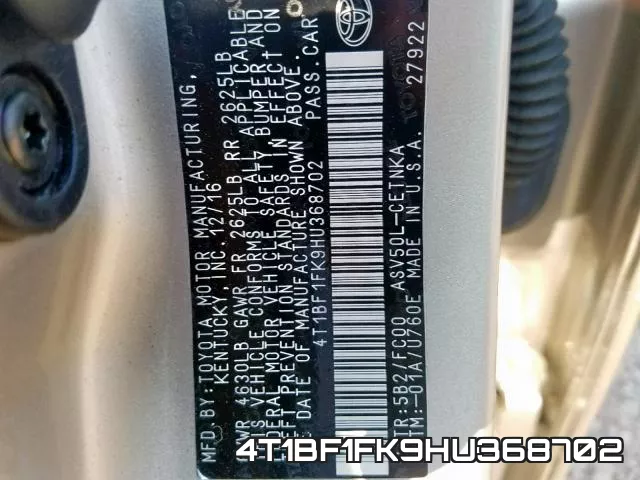 4T1BF1FK9HU368702 фото 2