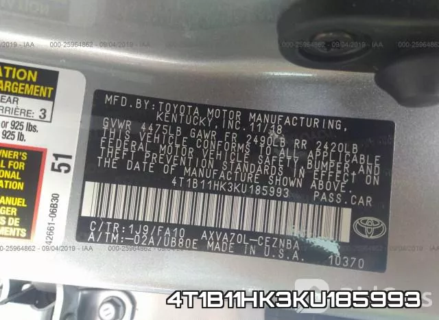 4T1B11HK3KU185993 фото 9