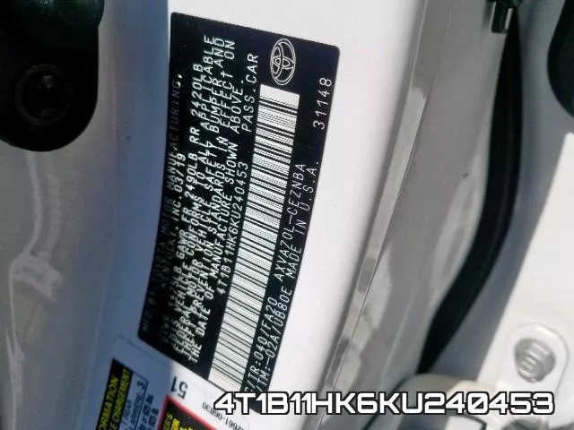 4T1B11HK6KU240453 фото 2
