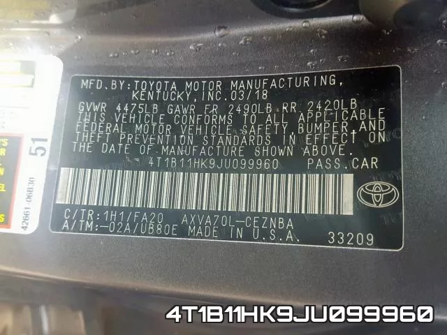 4T1B11HK9JU099960 фото 2