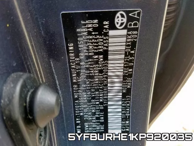 5YFBURHE1KP920035 фото 2