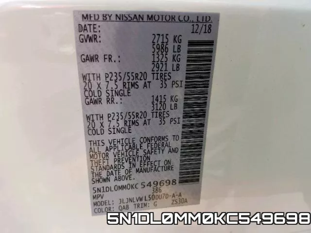 5N1DL0MM0KC549698 фото 2