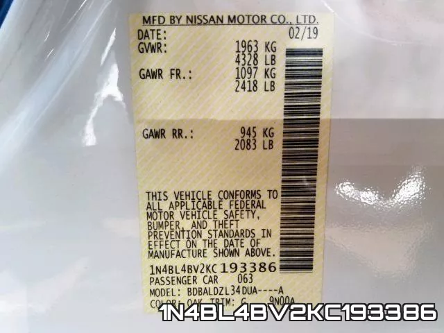 1N4BL4BV2KC193386 фото 2