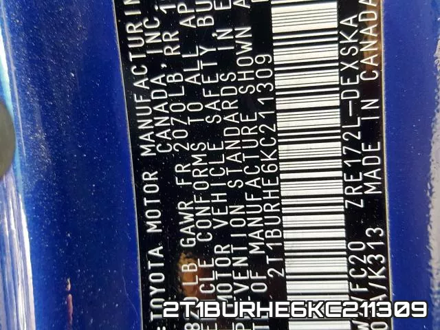 2T1BURHE6KC211309 фото 2
