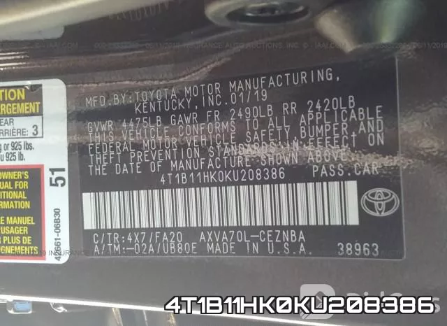 4T1B11HK0KU208386 фото 10