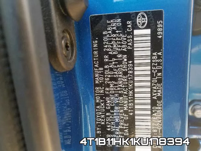 4T1B11HK1KU178394 фото 2