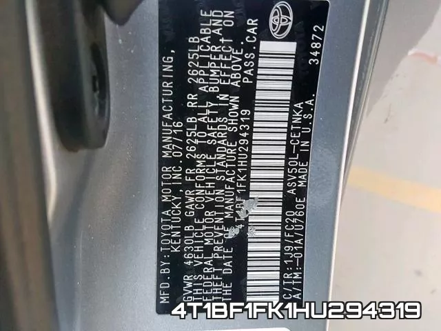 4T1BF1FK1HU294319 фото 2