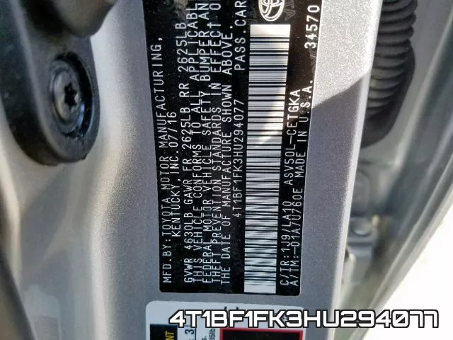 4T1BF1FK3HU294077 фото 2