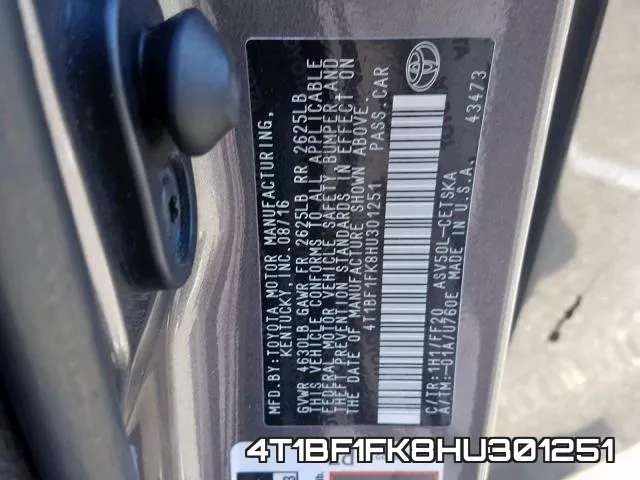 4T1BF1FK8HU301251 фото 2