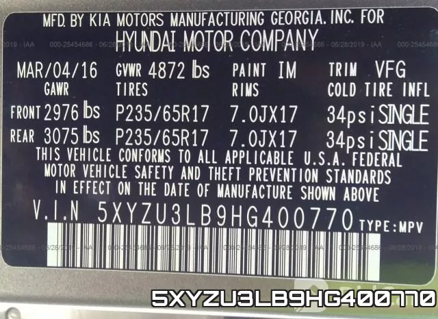 5XYZU3LB9HG400770 фото 9