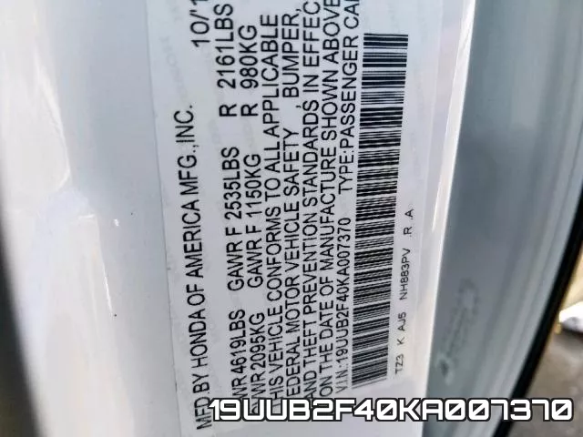 19UUB2F40KA007370 фото 2