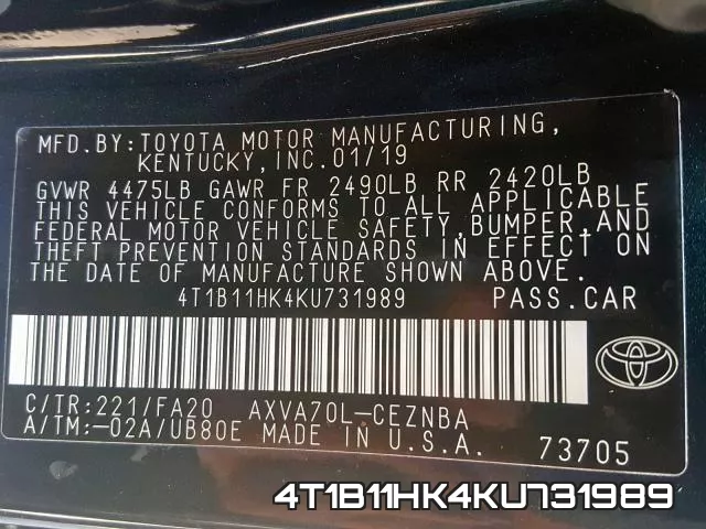 4T1B11HK4KU731989 фото 2