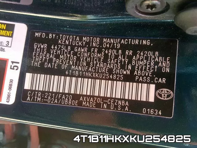 4T1B11HKXKU254825 фото 2