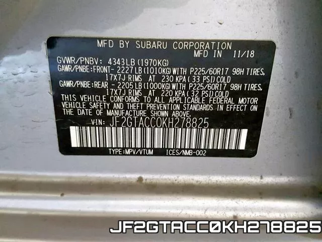 JF2GTACC0KH278825 фото 2