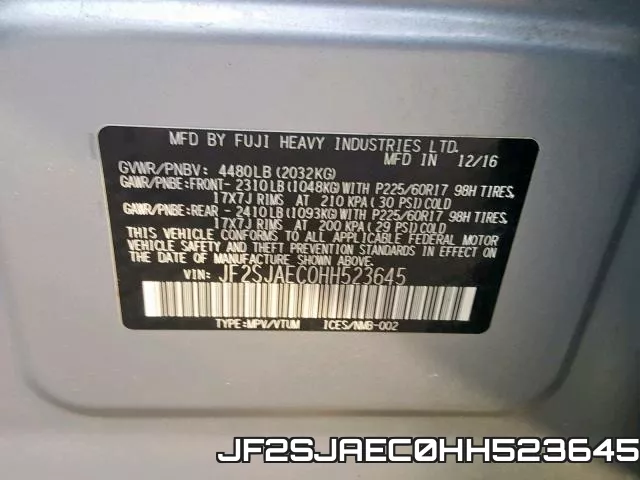 JF2SJAEC0HH523645 фото 2