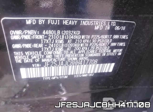 JF2SJAJC8HH417708 фото 10