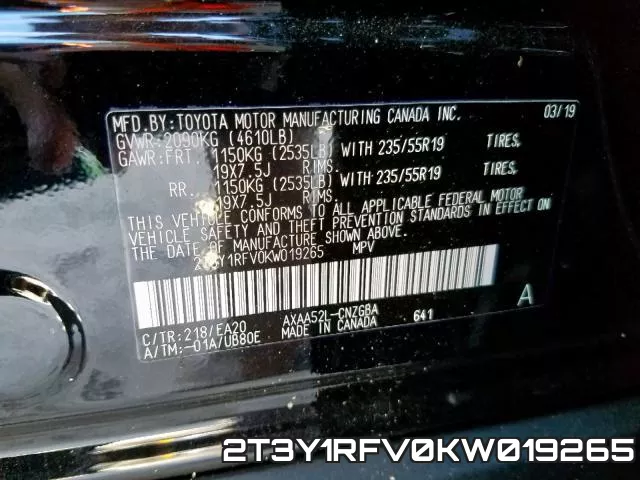 2T3Y1RFV0KW019265 фото 2