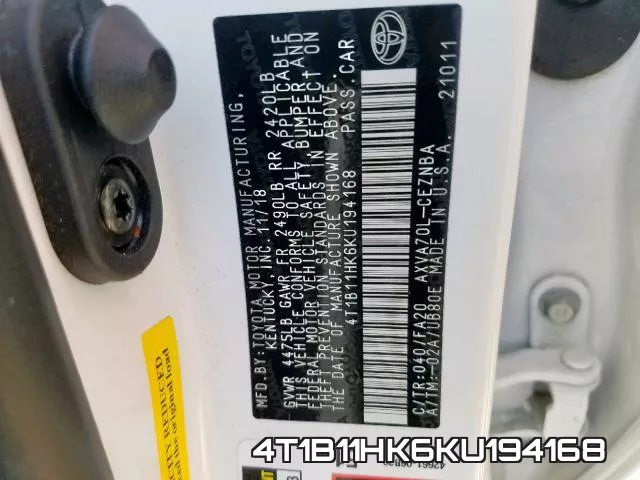 4T1B11HK6KU194168 фото 2