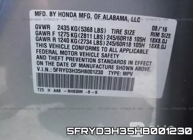 5FRYD3H35HB001230 фото 10