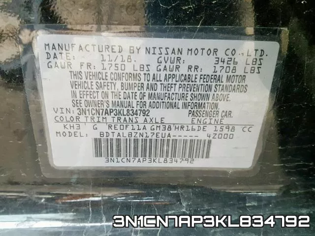 3N1CN7AP3KL834792 фото 2