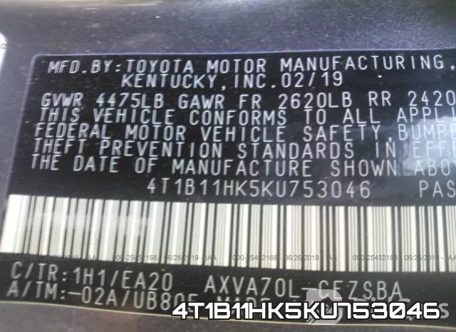 4T1B11HK5KU753046 фото 10