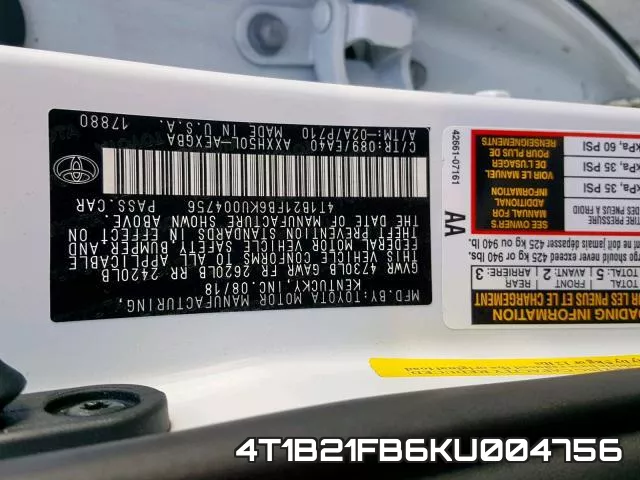 4T1B21FB6KU004756 фото 2