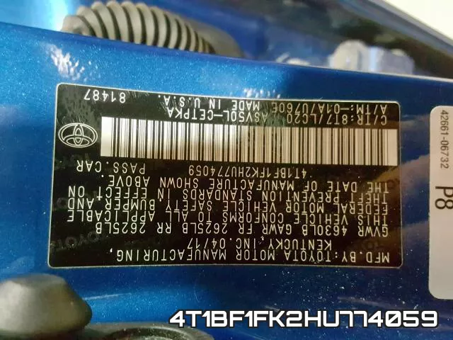 4T1BF1FK2HU774059 фото 2