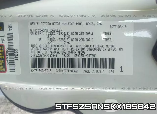 5TFSZ5AN5KX185842 фото 10
