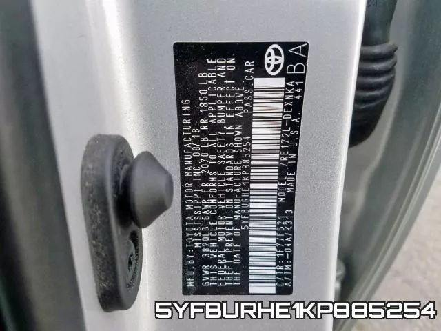 5YFBURHE1KP885254 фото 2