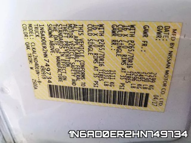 1N6AD0ER2HN749734 фото 2